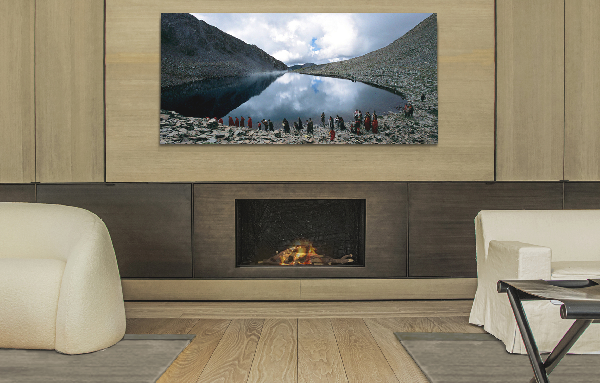 Tailored interior design with integrated fireplace and bespoke millwork in a Neuilly apartment near Paris.